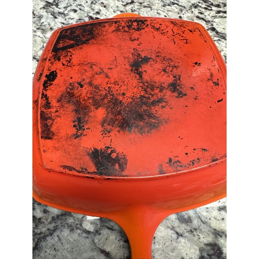 Le Creuset #26 Red Enameled Cast Iron Square Grill Pan Skillet Griddle Orange